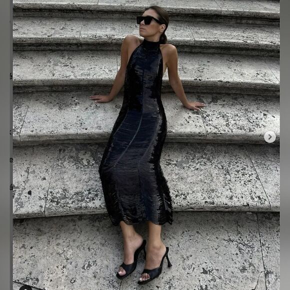 ZARA NEW WOMAN MIDI HALTER NECK KNIT DRESS WITH SEQUINS BLACK S - Picture 3 of 10